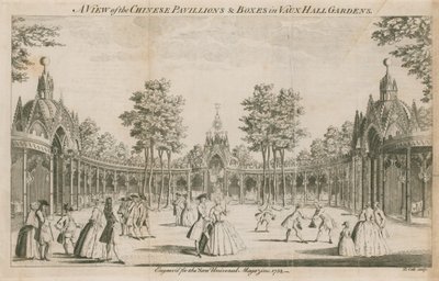 Vue des pavillons chinois et des loges dans les jardins de Vauxhall, Londres - English School