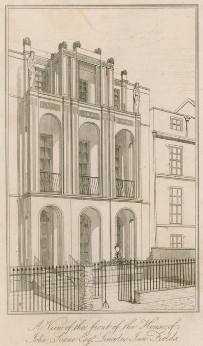 Vue de la façade de la maison de John Soane Esq, Lincolns Inn Fields, Londres - English School