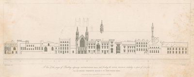 Vue de la rangée de bâtiments adjacents à Westminster Hall et faisant face à la Tamise - English School