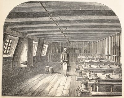 Un quartier à bord du Defence hulk aménagé pour le retour des condamnés au dîner, illustration de The Criminal Prisons of London and Scenes from Prison Life par Henry Mayhew et John Binny, pub. 18 - English School