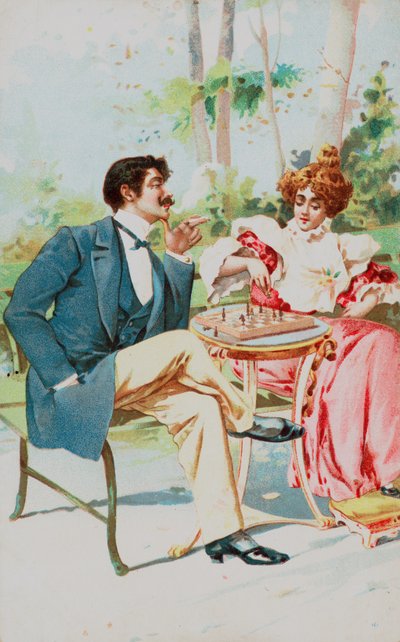 Un couple bien habillé jouant aux échecs dans un jardin - English School
