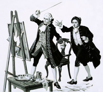 Un jeune homme a lacéré un portrait peu flatteur de son père par Hogarth avec une épée - English School