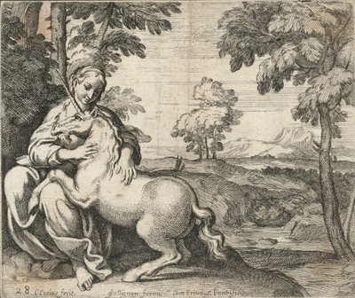 Une jeune femme assise dans un bois caressant une licorne - English School