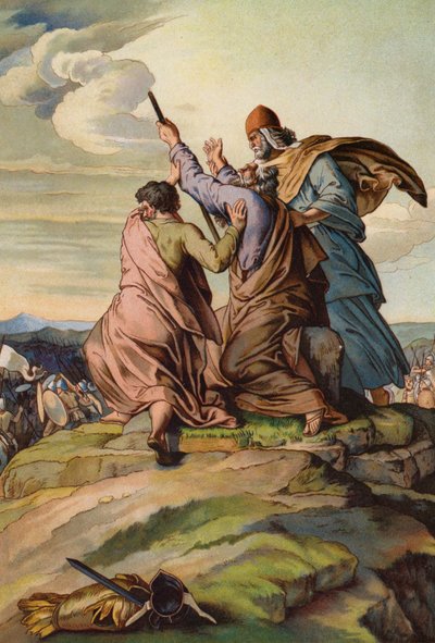 Aaron et Hur soutenant les mains de Moïse alors que Josué et les Israélites battent les Amalécites - English School