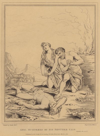Abel assassiné par son frère Caïn, Genèse (gravure) - English School