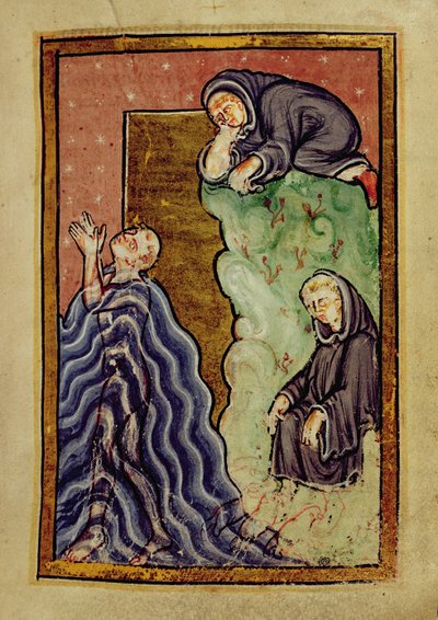 Saint Cuthbert priant dans la mer observé par un moine, et ayant ses pieds séchés par des loutres de mer, de 