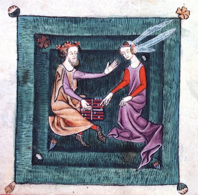 Un roi et une dame assis dans un jardin, jouant à un jeu de société ressemblant au backgammon, du Psautier de Luttrell, commencé avant 1340 pour Sir Geoffrey Luttrell - English School