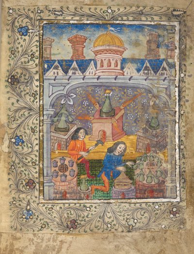 Sept fours avec alambics, entretenus par deux hommes, sous un toit avec une coupole et des cheminées, vers 1477 - English School