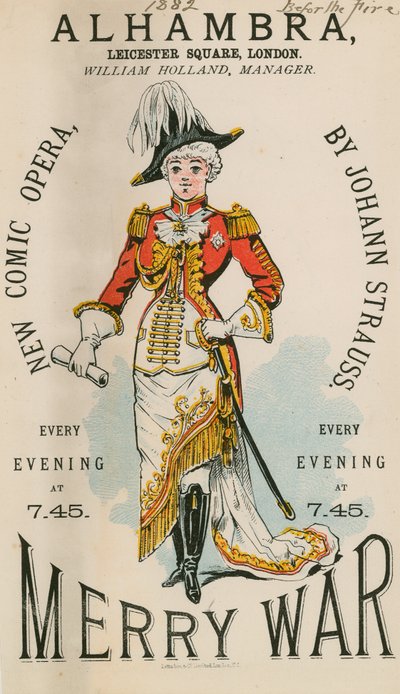 Publicité pour The Alhambra, Leicester Square, Londres, pour Merry War, une nouvelle opérette comique de Johann Strauss - English School