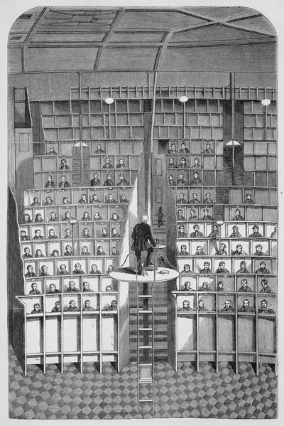 École pour adultes dans la chapelle, sur le système séparé, à la Maison de Correction de Surrey, Wandsworth, extrait de The Criminal Prisons of London and Scenes of Prison Life par Henry Mayhew et John Binny - English School