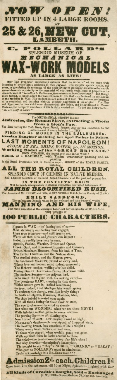 Annonce pour le splendide musée de modèles mécaniques en cire de C. Pollard, 25-26 New Cut, Lambeth, Londres - English School