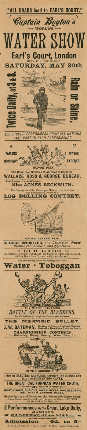 Publicité pour le Spectacle Aquatique du Monde du Capitaine Boyton, Earls Court, Londres - English School