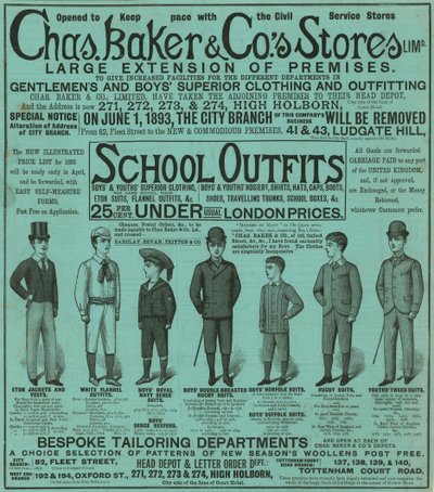 Publicité pour les magasins Chas Baker & Co - English School