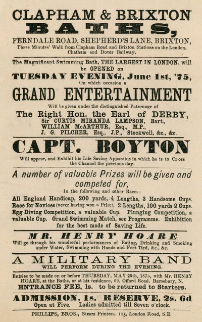 Publicité pour les Bains de Clapham et Brixton, Ferndale Road, Shepherds Lane, Brixton, Londres; avec le Capitaine Boyton - English School