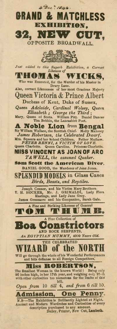 Annonce pour la grande et orientale promenade et exposition de Ferguson, 32 New Cut, Lambeth, Londres - English School