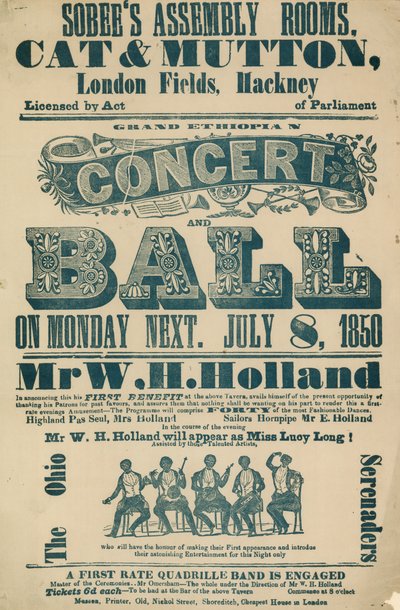 Annonce pour le Grand Concert et Bal Éthiopien, 8 juillet 1850, aux Sobees Assembly Rooms - English School