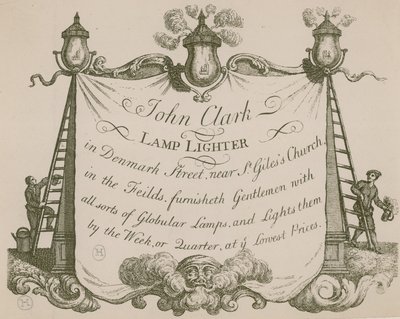 Publicité pour John Clarke, allumeur de lampes, Denmark Street, Londres - English School