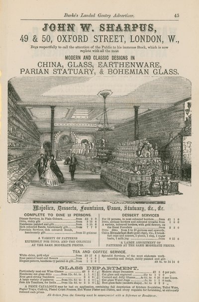 Publicité pour John W Sharpus, designs modernes et classiques en porcelaine, verre, faïence, statuaire en parian et verre bohémien - English School