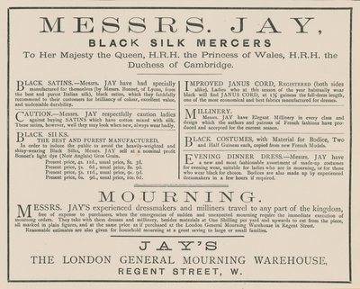 Publicité pour Messrs Jay, The London General Mourning Warehouse, Regent Street - English School