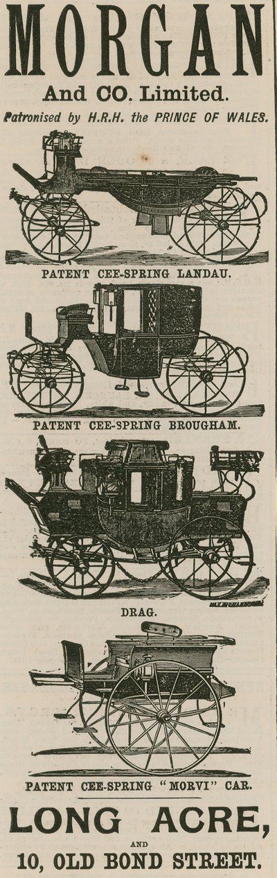 Publicité pour Morgan & Co Ltd, fabricants de carrosses, Long Acre et 10 Old Bond Street, Londres - English School