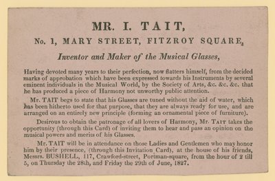 Publicité pour M. I. Tait, inventeur et fabricant des verres musicaux - English School