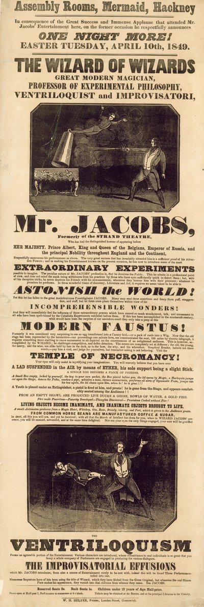 Annonce pour M. Jacobs, magicien et ventriloque - English School