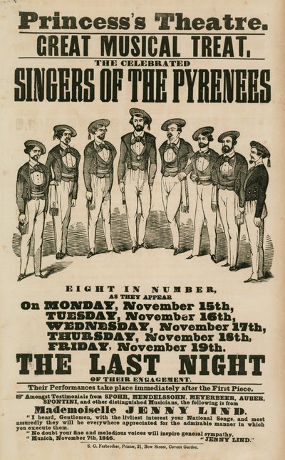Annonce pour le Théâtre de la Princesse, Londres, avec les chanteurs des Pyrénées - English School