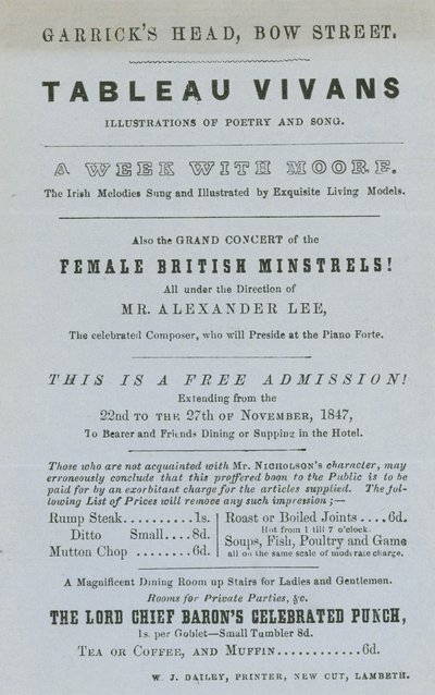 Annonce pour les Tableaux Vivants, illustrations de poésie et de chanson, Garricks Head, Bow Street, Londres - English School