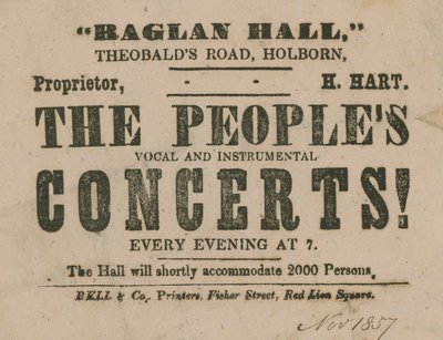 Annonce pour The Peoples Vocal and Instrumental Concerts, Raglan Hall - English School