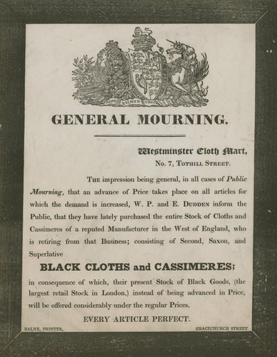 Publicité pour W P et E Dudden, Westminster Cloth Mart, 7 Tothill Street - English School