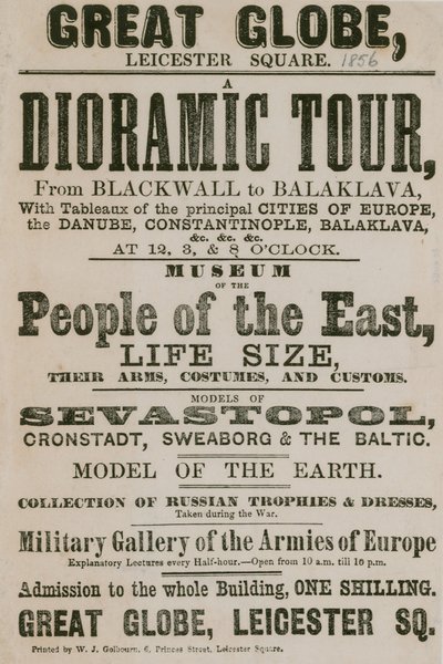 Annonce pour une tournée dioramique de Blackwall à Balaklava, avec des tableaux des principales villes d