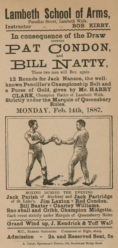 Annonce pour un match de boxe entre Pat Condon et Bill Natty - English School