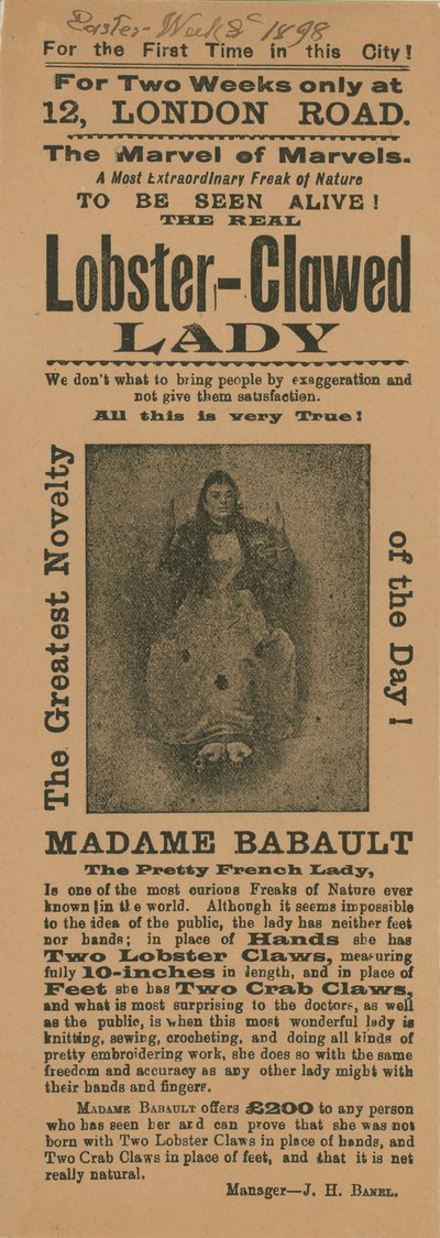 Publicité pour une apparition de Madame Babault, la dame aux griffes de homard - English School
