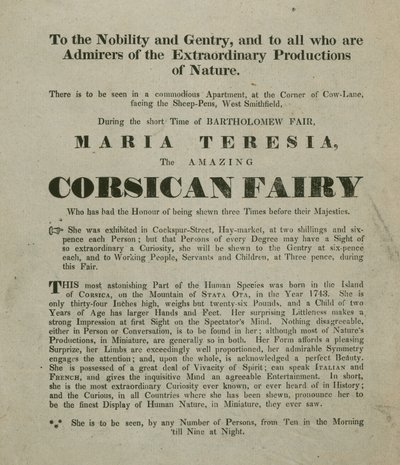 Publicité pour une apparition de Madame Maria Teresia, la Fée Corse - English School