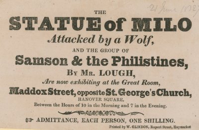 Publicité pour une exposition de la Statue de Milo attaquée par un loup - English School