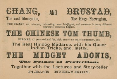 Annonce pour les apparitions de Chang, Brustad, Le Tom Pouce Chinois et L