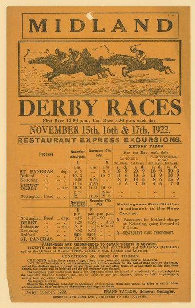 Annonce pour une excursion ferroviaire aux courses de Midland Derby, 15-17 novembre 1922 - English School
