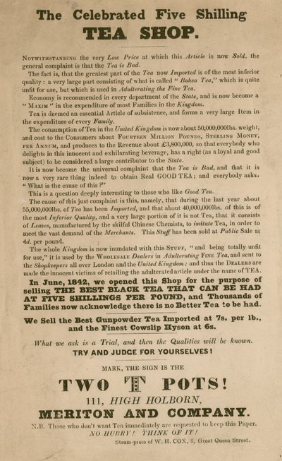 Publicité pour le célèbre magasin de thé à cinq shillings, Meriton et Compagnie - English School