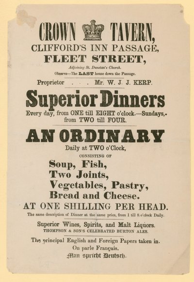 Publicité pour le Crown Tavern, Cliffords Inn Passage, Fleet Street, Londres - English School