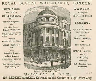 Publicité pour le Royal Scotch Warehouse, 115 Regent Street, Londres - English School