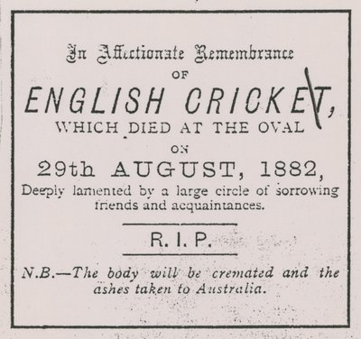 Annonce du Sporting Times en août 1882 introduisant le concept des Ashes - English School