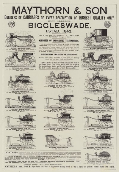 Publicité, voitures de Maythorn and Son (gravure) - English School