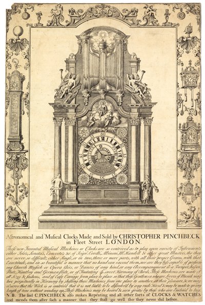 Publicité pour les horloges astronomiques et musicales de Christopher Pinchbeck - English School