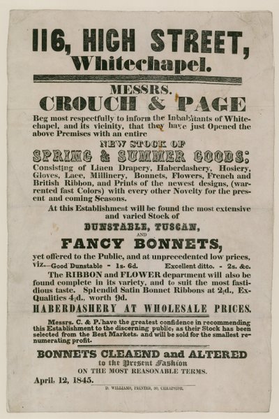 Publicité pour Crouch and Page, 116 High Street, Whitechapel - English School