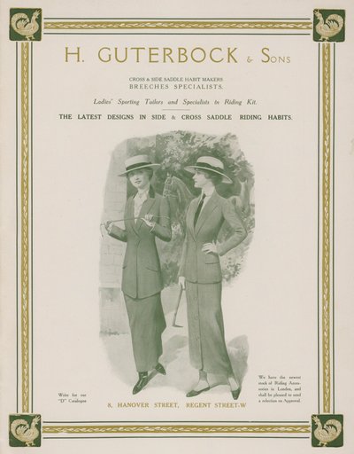 Publicité pour H Guterbock & Sons, tailleurs sportifs pour dames et spécialistes des tenues d