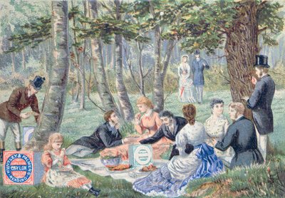 Publicité pour les biscuits Imperial Ceylon fabriqués par Huntley & Palmer représentant un pique-nique dans la forêt d