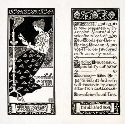 Publicité pour Mme Corbett à Drayton House, Birmingham, 1897 - English School