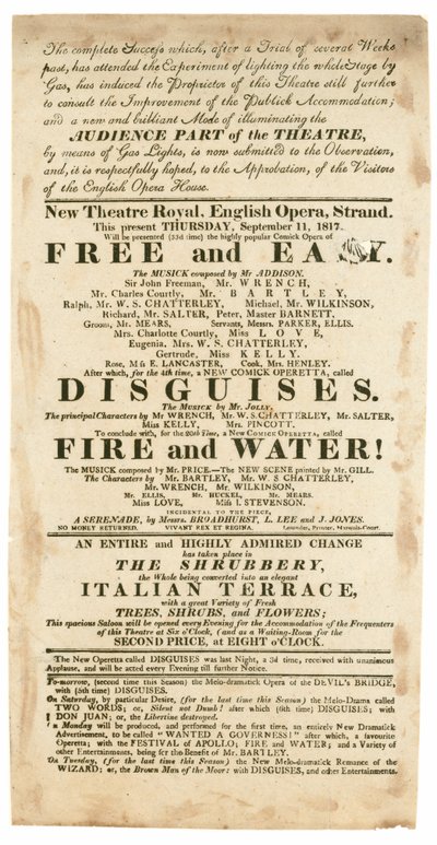 Publicité pour le Nouveau Théâtre Royal, Opéra Anglais, Strand, Londres, pour le 11 septembre 1817, mentionnant l