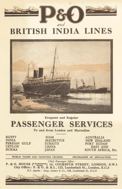 Publicité pour P et O et British India Lines (lithographie en couleur) - English School