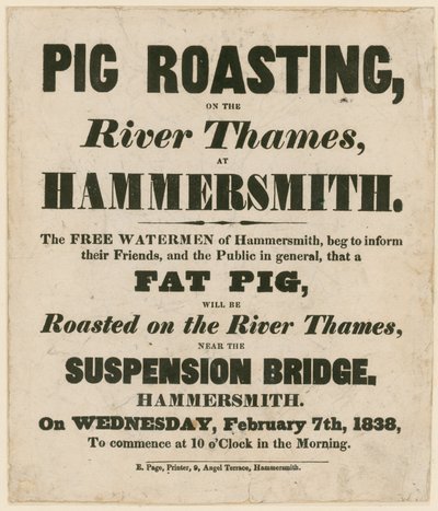Publicité pour le rôtissage de porc sur la rivière Thames - English School